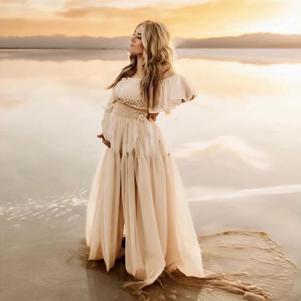 Women's Long Dress Maternity Dresses For Photoshoot Pregnancy Clothes Chiffon Off Shoulder Ruffled Semi Transparent Photography