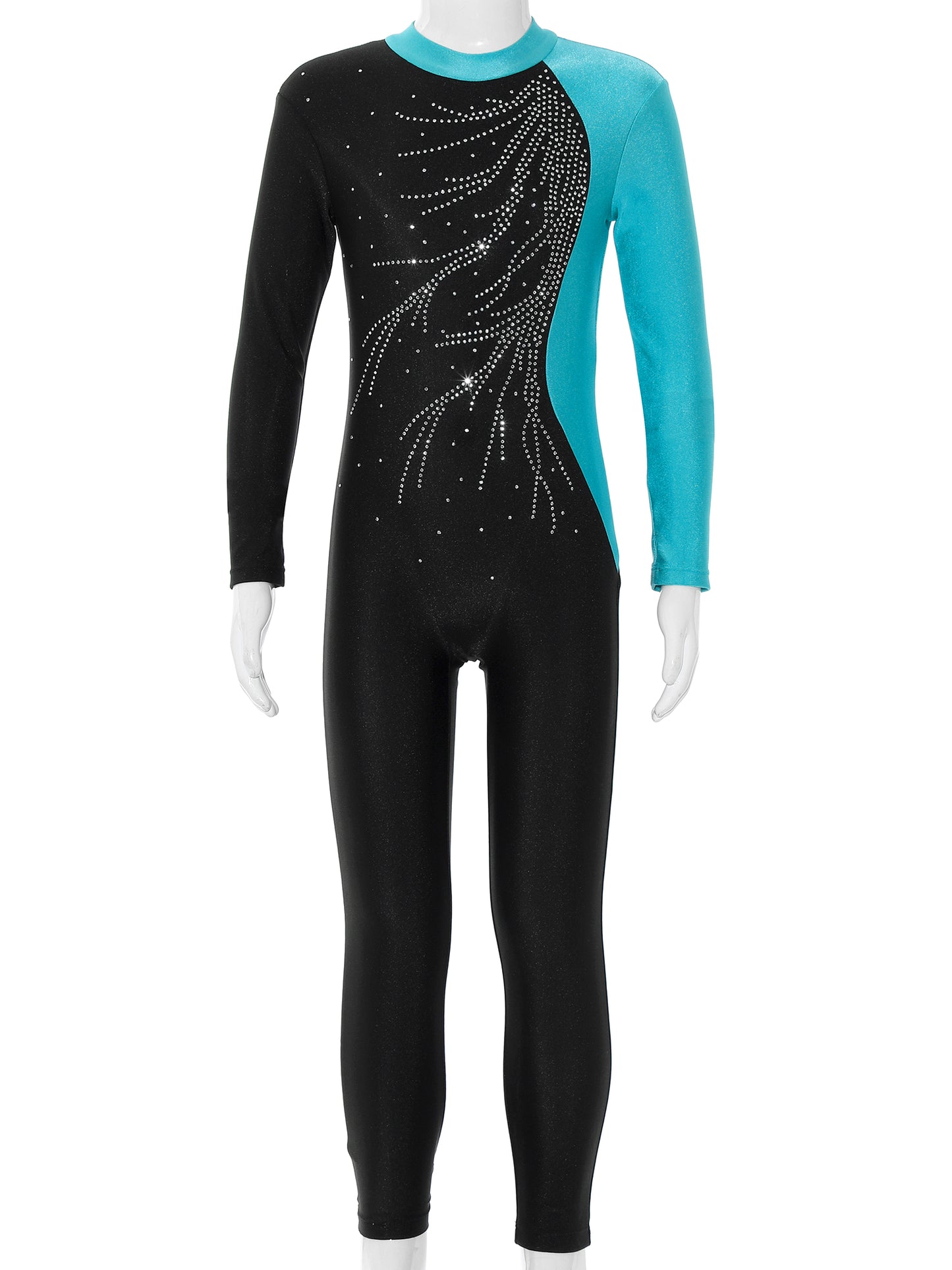 Kids Girls Long Sleeve Shiny Rhinestone Color Block Leotards Dance Gymnastic Jumpsuit for Yoga Unitards Biketards Sports Workout