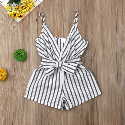 Baby Girls Jumpsuit with Waist Belt Striped Pattern Sling Loose Romper Summer Casual Toddler Infant Short Pants Jumpsuit