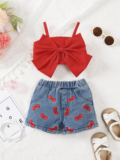 2Pcs Baby Girls Sets Summer Newborn Clothes Pure Red Suspender+Embroidered Printed Denim Shorts Fashion Baby Casual Suit