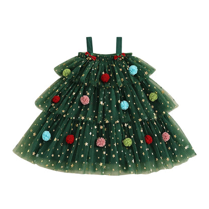 FOCUSNORM 1-6Y Little Girls Christmas Dress Strap Sleeveless Star Print Lace Layered Tulle Sundress with Plush Ball Hat