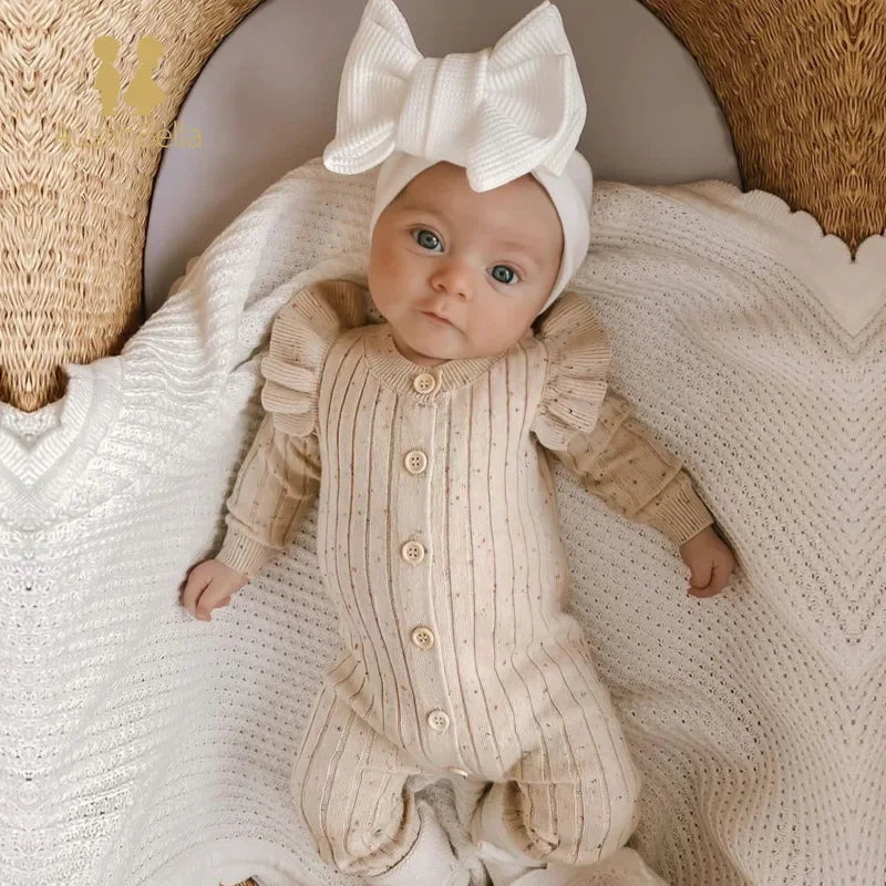 Baby-Pullover, Overall, gestrickt, mit Rüschen, zum Aufknöpfen, langärmelig, einfarbig, für Kleinkinder und Mädchen, Outfit für Neugeborene