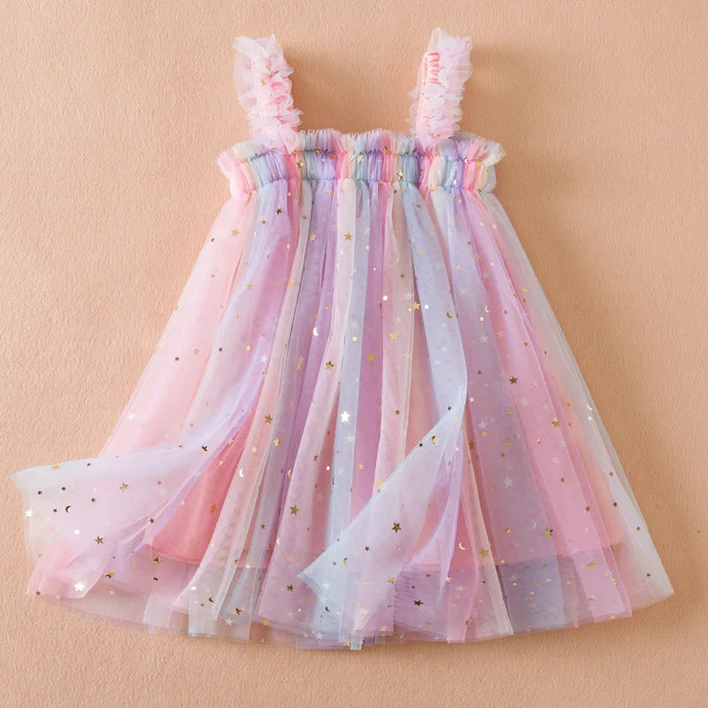 Süßes Mädchen Sommerkleid mit fliegenden Ärmeln und Schleife, Pailletten, 2–6 Jahre, Kindergeburtstagsparty, rosa, flauschiges A-Linien-Prinzessinnenkleid für süße kleine Mädchen