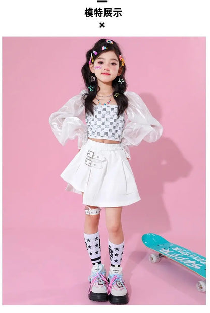 Kpop Girls Clothes Jazz Dance Costume White Performance Suit Hip Hop Modern Dance Outfit Kids Stage Wear Fashion Clothing