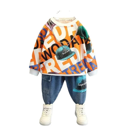 Autumn New Boys Spring and Autumn Suit Casual Wear Home Outing Sweatshirt Two-piece Fashionable Set