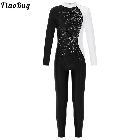 Kids Girls Long Sleeve Shiny Rhinestone Color Block Leotards Dance Gymnastic Jumpsuit for Yoga Unitards Biketards Sports Workout