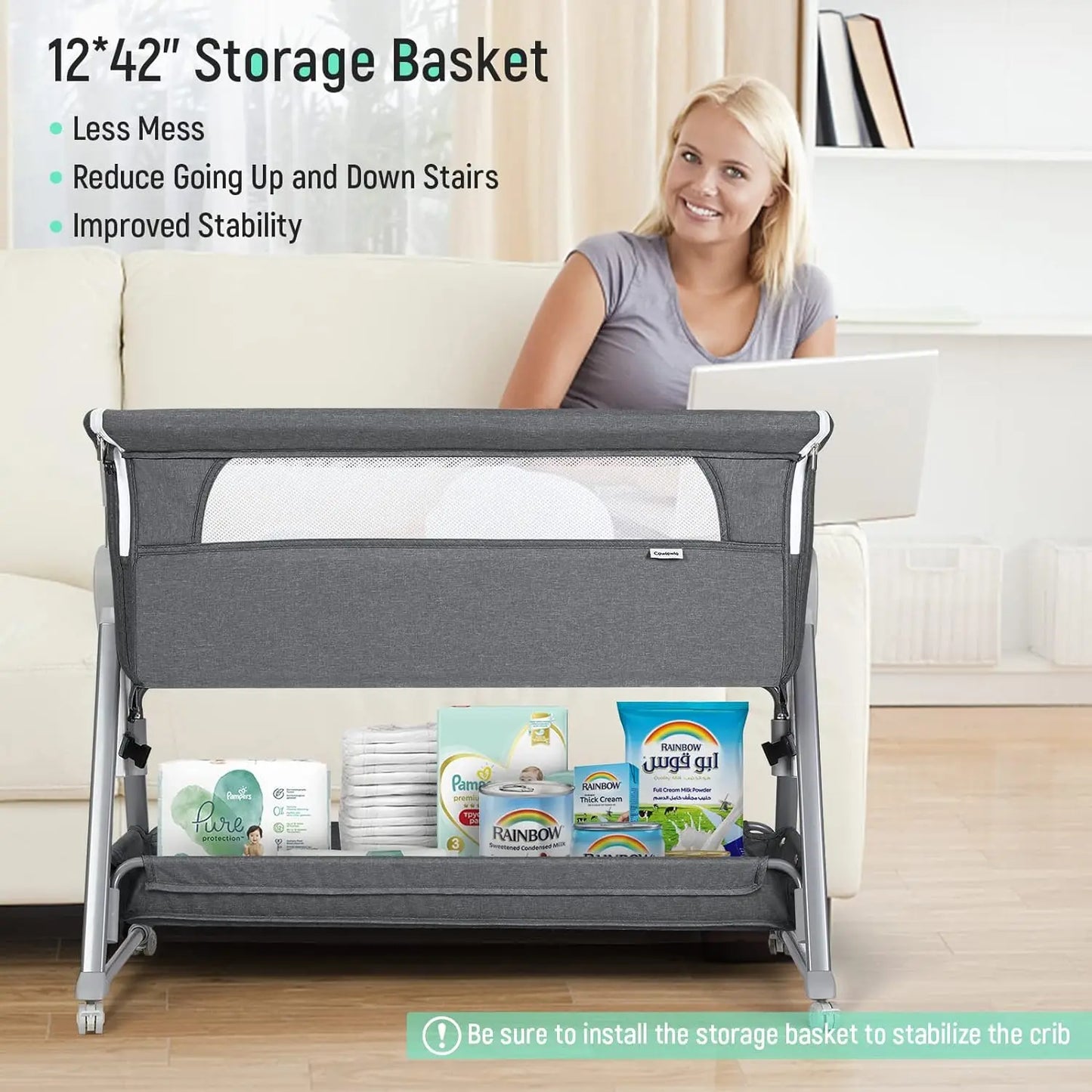 Baby Bassinet, Beside Sleeper for Baby Easy Folding Bedside Bassinet with Storage Basket and Wheels to Reduce Mom's Fatigue