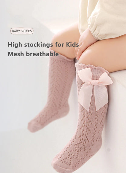 Cute Girls Knee High Socks Bows Cotton Breathable Soft Children Socks Hollow Out Non-slip Newborn Infant Long Mesh Socks 0-3Yrs