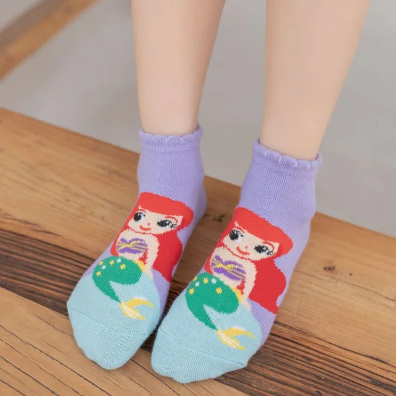 5 Paar Disney Cartoon Baby Mädchen Socken Schneewittchen Meerjungfrau Socken für Kinder Baumwollsocken Lustige süße Prinzessinnensocken 1-12 Jahre