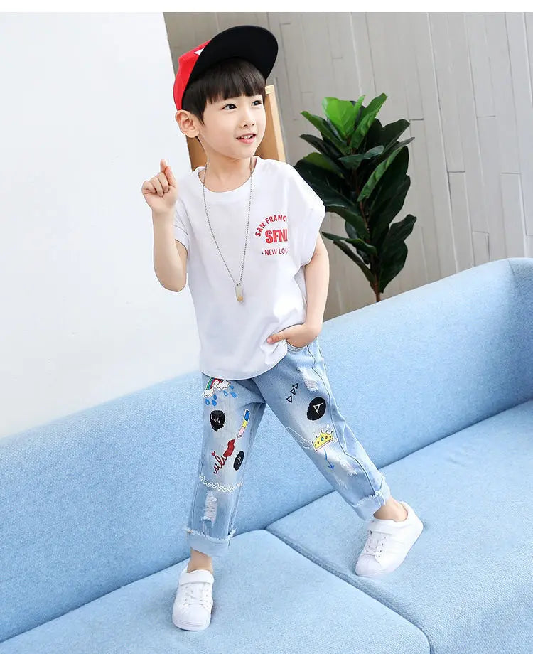 Boys' Jeans Spring and Autumn New Funny Head Medium and Big Children's Casual Children's Clothing Spring Loose Long Pants