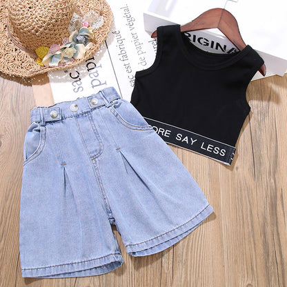 2023 Sommer Mädchen Kleidung Set Jazz Brief Band Weste Tops + Jeans Hosen Zwei-stück Set für Baby Mädchen