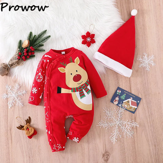 0-18M Baby Christmas Rompers Newborn Cartoon Cute Deer Jumpsuit With Xmas Hat My First New Year Costume For Baby Boys Girls