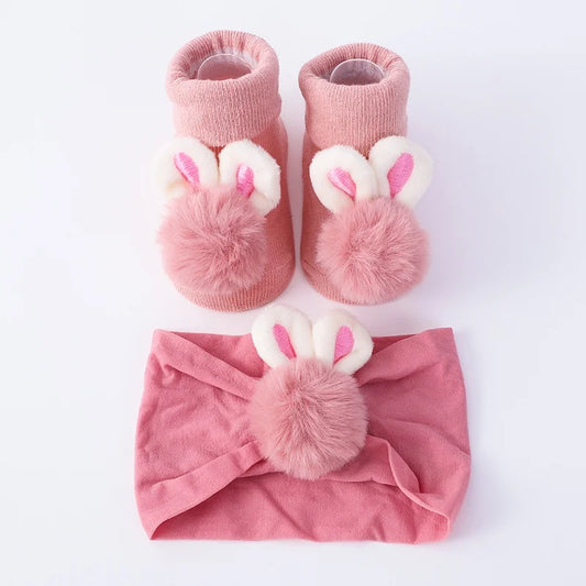 2Pcs Set Baby Socks and Headband - Cute Plush Ball Newborn Short Socks and Hairband Photo Props