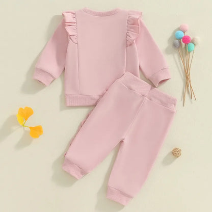 RUEWEY 0 to 3 Years Toddler Girl Pant Sets Autumn Clothes Solid Color Ruffles Long Sleeve Sweatshirt and Elastic Sweatpants