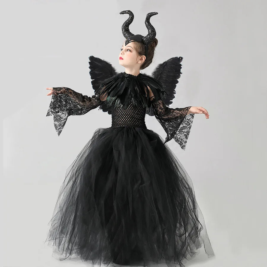 2024 Halloween Cospaly Hexe Mädchen Kostüm Kleid Deluxe Vestidos Party Kleid Kleid Kinder Dämon Königin Hexe Kleidung