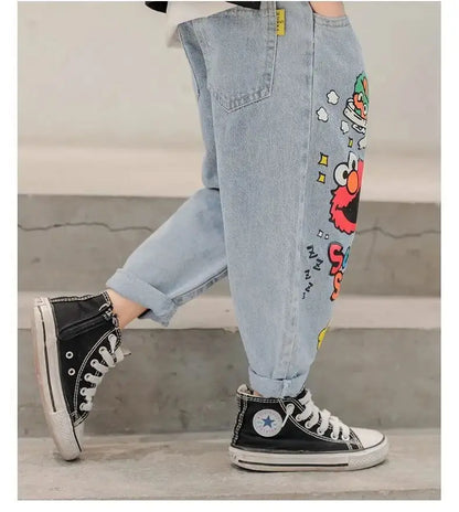 Boys' Jeans Spring and Autumn New Funny Head Medium and Big Children's Casual Children's Clothing Spring Loose Long Pants