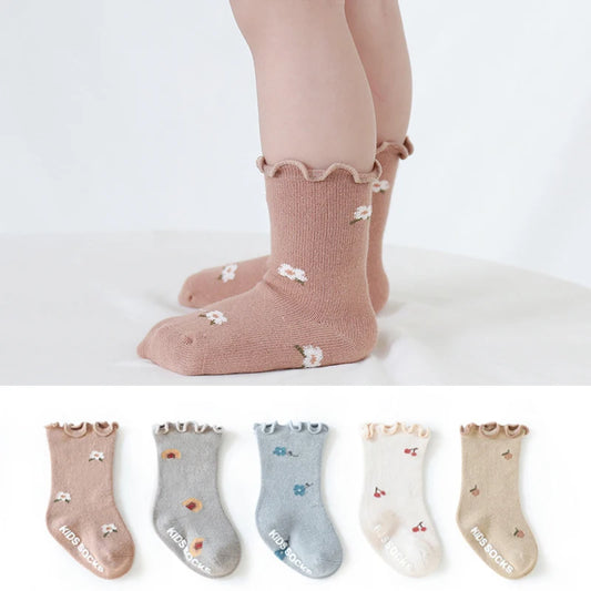 3 Pairs Anti-Slip Floral Print Kids Infant First Walking Baby Socks 0-5Y Four Seasons Elastic Children's Short Tube Socks