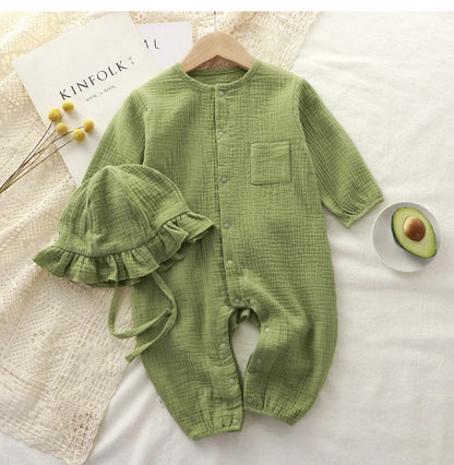 Muslin Baby Jumpsuit Hat Long Sleeve Cotton Toddler Romper for Boys Girls Solid Color Spring Autumn Baby Clothes Newborn Onesie