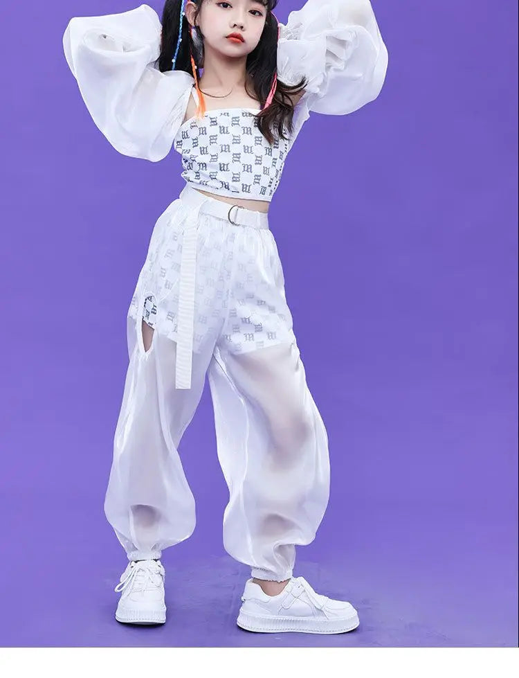 Kpop Mädchen Kleidung Jazz Dance Kostüm Weiß Leistung Anzug Hip Hop Modern Dance Outfit Kinder Bühne Tragen Mode Kleidung