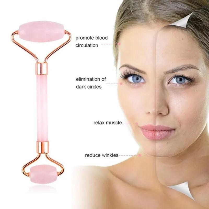 Pink Rose Quartz Massager Roller Gouache Scraper Set Crystal Stone Gua Sha Board Face Roller Skin Care Beauty Tool