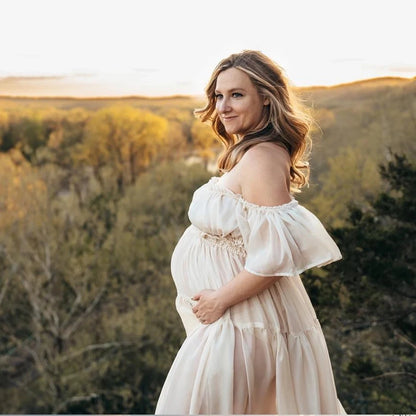 Damen Langes Kleid Umstandskleider Für Fotoshooting Schwangerschaftskleidung Chiffon Schulterfrei Rüschen Halbtransparent Fotografie