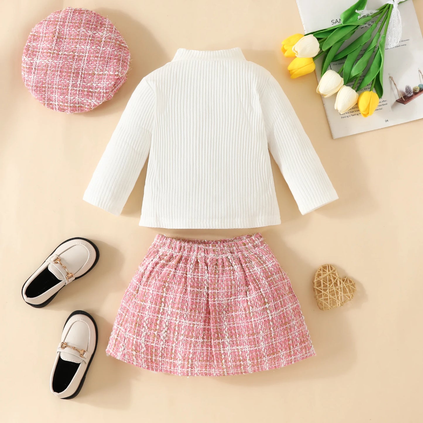 3 PCS Spring and Fall Baby Girl Long Sloup Top Plaid Half Dress & Hat Set Baby Berets Long Sloup T-Shippie Plaid Dress Set