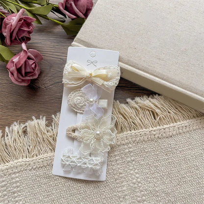 French Vintage Lace Pearl Bow Girl Baby Hair Clip Gentle Style Beige Flower Princess Kids Hair Accessories Hairpin Toddler Gifts