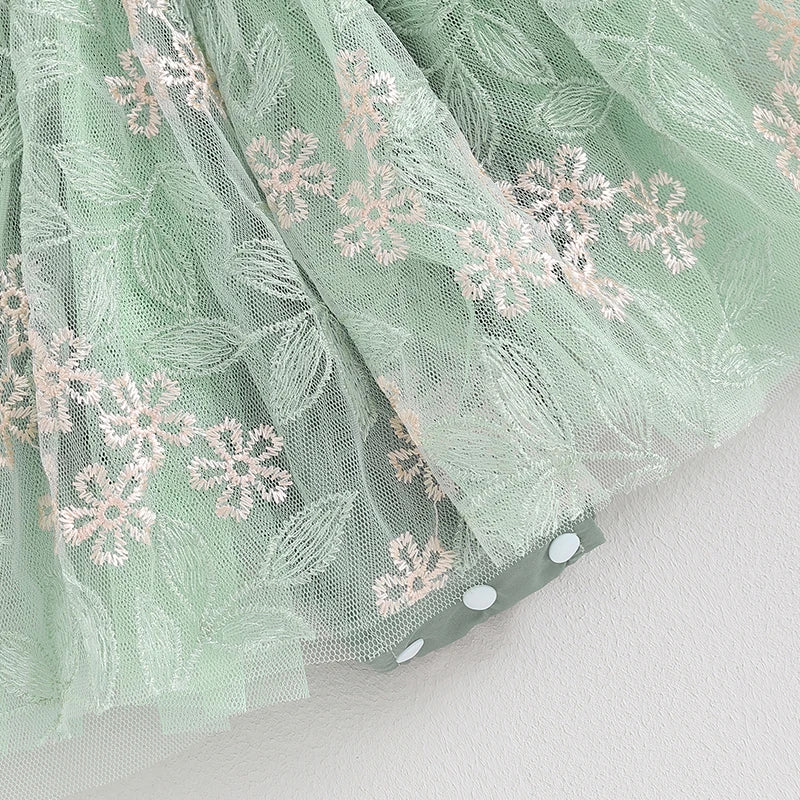 Infant Newborn Baby Girls Summer Princess Romper Dresses Green Flying Sleeve Floral Embroidery Tulle Dresses with Headband