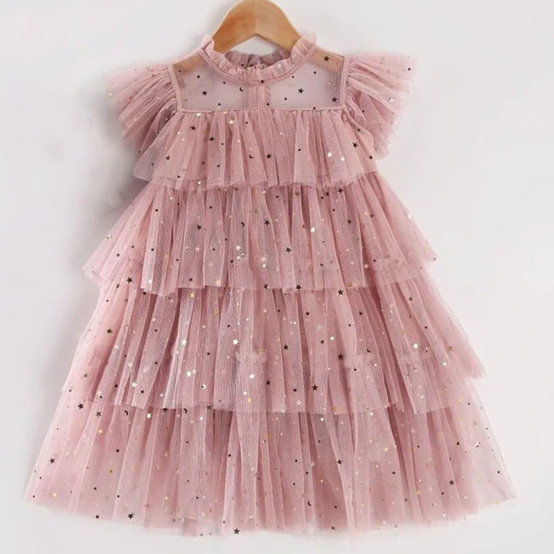 2023 sommer Neue Mädchen Party Kleid Regenbogen Pailletten Geburtstag Prinzessin Kostüm Für Kinder Baby Urlaub Strand Bade Mesh Kuchen Kleidung