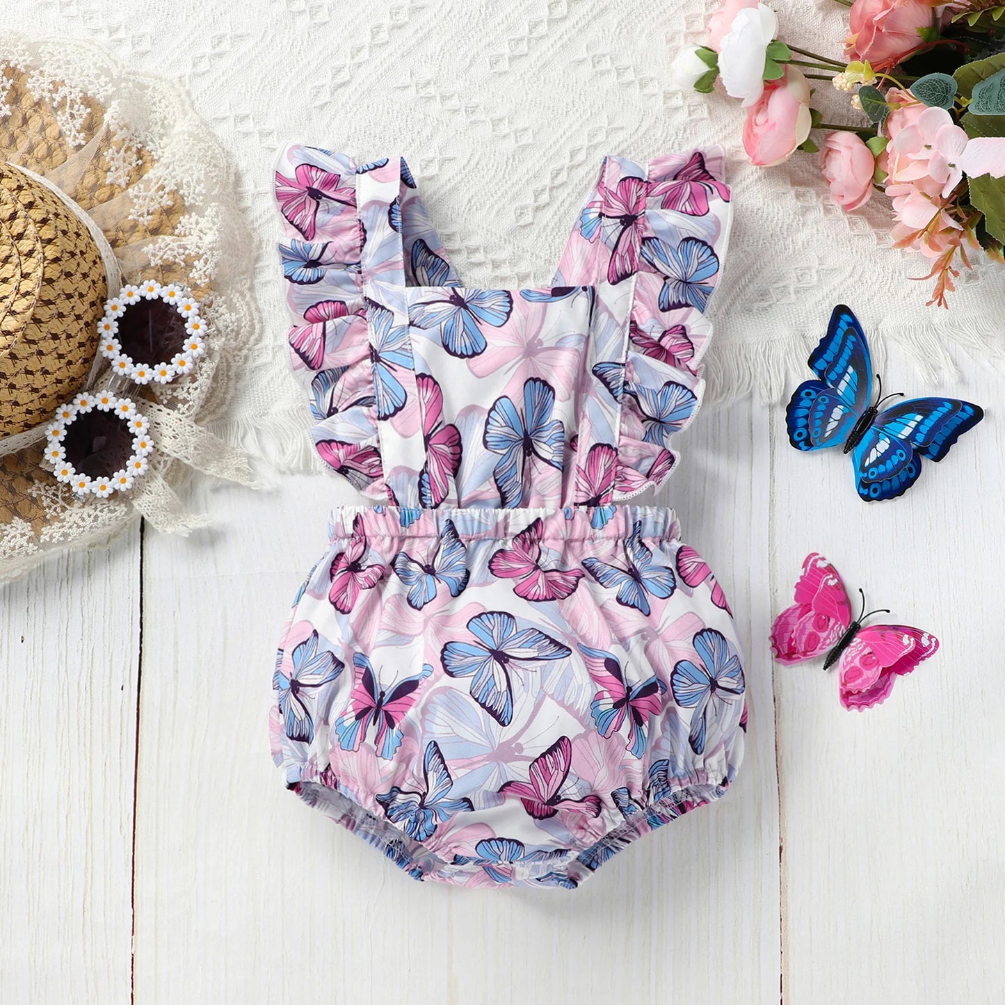 Baby Girls Cute Butterfly Print Ruffled Sleeves Square Collar Onesie Comfortable Breathable Baby Summer Clothes