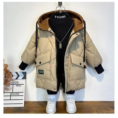 Winter Boys Outerwear Thicken Warm Coats Kids Plus Velvet Jackets Hooded Trends Overcoat 2023 Teens Casual Windproof Parkas