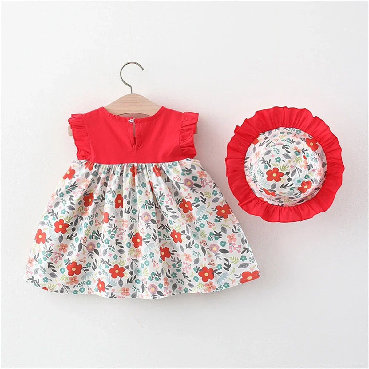 2 Stücke Sommer Mädchen Baby Ärmelloses Kleid Mit Blumendruck Splice Säuglingskleid Pastoralen Stil Mädchen Kinderkleidung + Geschenk Hut