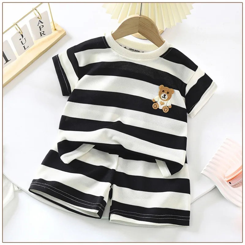 Short-sleeved Set Striped T-shirt +Shorts Boys Summer Trendy Costume Babies Fashion Round Neck Tracksuits Children's Clothing