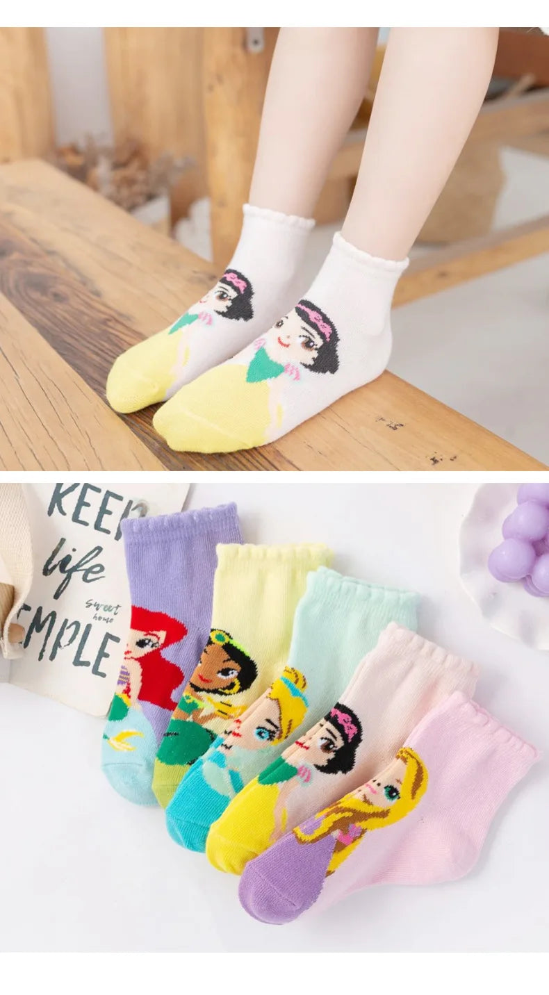 5 Pairs Disney Cartoon Baby Girl Socks Snow White Mermaid Socks for Children's Cotton Socks Funny Cute Princess Socks 1-12 Years