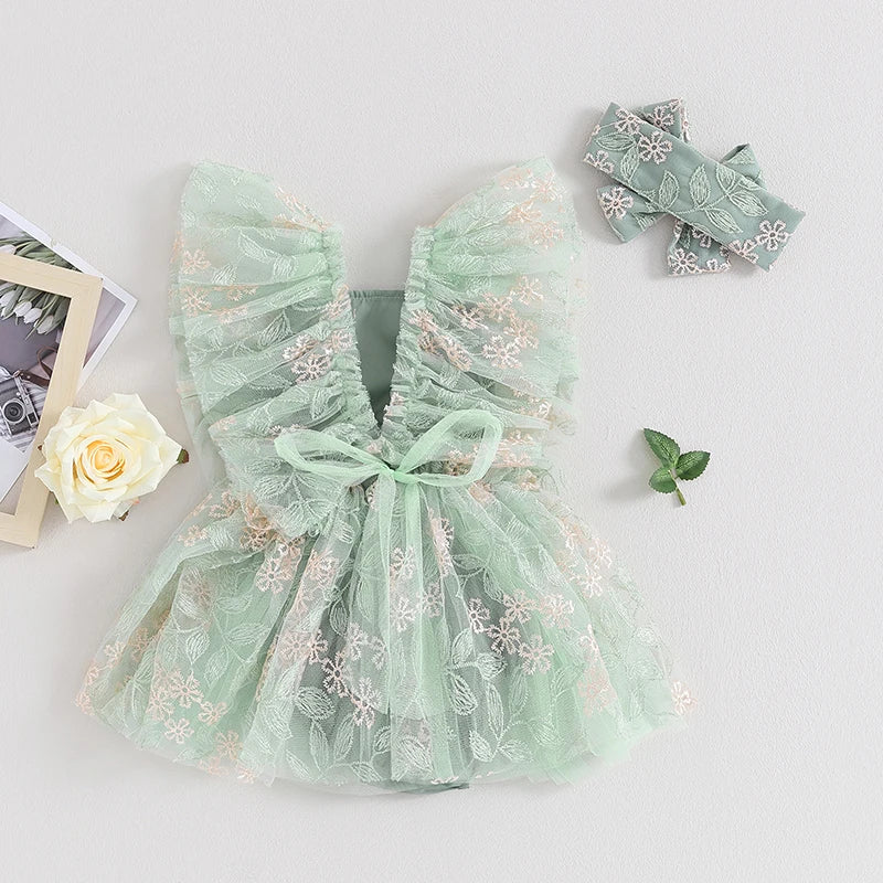 Infant Newborn Baby Girls Summer Princess Romper Dresses Green Flying Sleeve Floral Embroidery Tulle Dresses with Headband