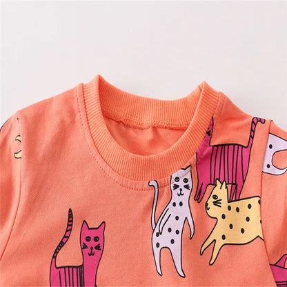 Springen Meter Neue Ankunft Cartoon Katzen Drucken Heißer Verkauf Mädchen Sweatshirts Jungen Kleidung Herbst Frühling Mode Kleinkind Shirts