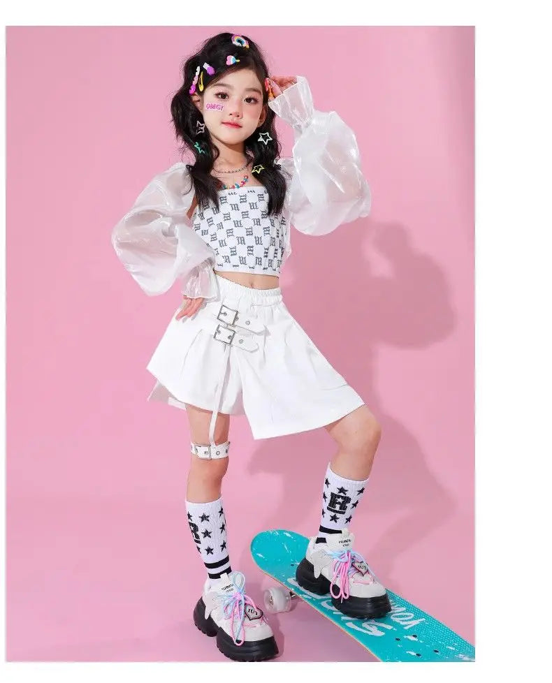 Kpop Mädchen Kleidung Jazz Dance Kostüm Weiß Leistung Anzug Hip Hop Modern Dance Outfit Kinder Bühne Tragen Mode Kleidung