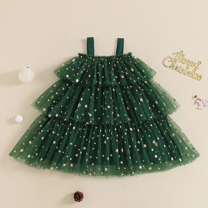 FOCUSNORM 1-6Y Little Girls Christmas Dress Strap Sleeveless Star Print Lace Layered Tulle Sundress with Plush Ball Hat