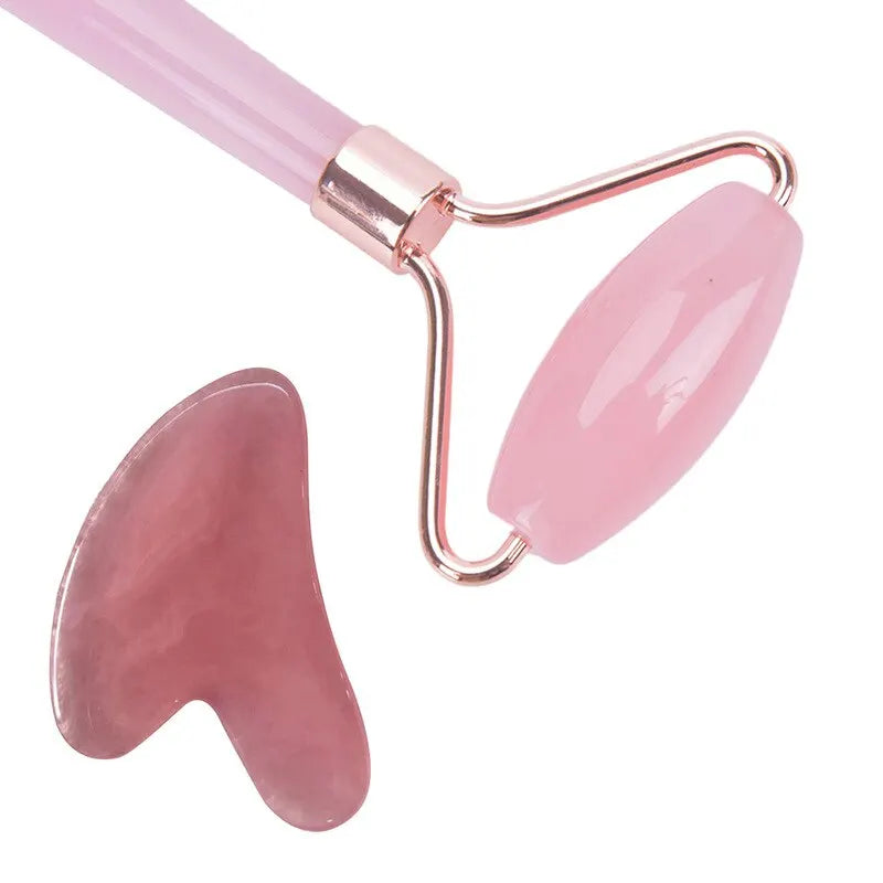 Pink Rose Quartz Massager Roller Gouache Scraper Set Crystal Stone Gua Sha Board Face Roller Skin Care Beauty Tool