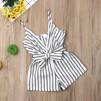 Baby Girls Jumpsuit with Waist Belt Striped Pattern Sling Loose Romper Summer Casual Toddler Infant Short Pants Jumpsuit