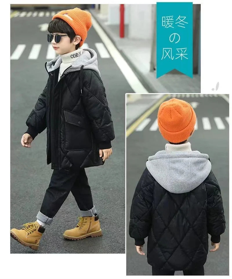 Winter Boys Outerwear Thicken Warm Coats Kids Plus Velvet Jackets Hooded Trends Overcoat 2023 Teens Casual Windproof Parkas