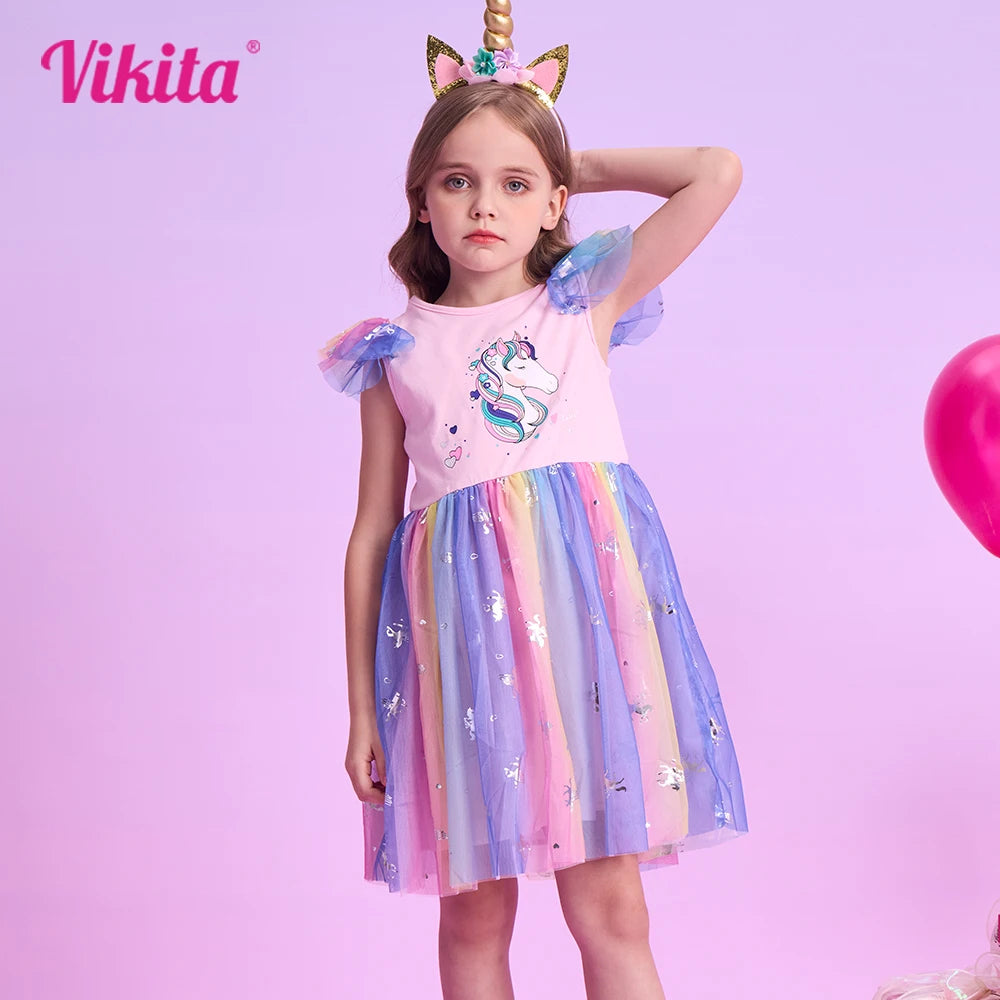 VIKITA Girls Unicorn Cartoon Print Dress Kids Flare Sleeve Summer Dresses Girl Colorful Mesh Tulle Birthday Party Princess Dress