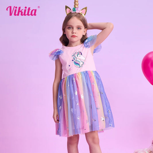 VIKITA Mädchen Kleid mit Einhorn-Cartoon-Print, Kinder, ausgestellte Ärmel, Sommerkleider, Mädchen, buntes Netz, Tüll, Geburtstagsparty, Prinzessinnenkleid