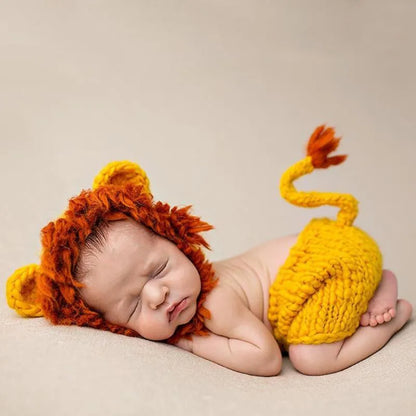 2 teile/satz Neugeborenen Fotografie Requisiten Baby Kostüm Set Lion Tier Häkeln Stricken Handgemachte Hosen Hut Baby Lion Anzug Fotografia