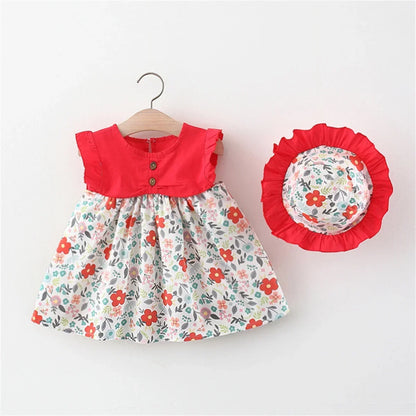 2 Stücke Sommer Mädchen Baby Ärmelloses Kleid Mit Blumendruck Splice Säuglingskleid Pastoralen Stil Mädchen Kinderkleidung + Geschenk Hut