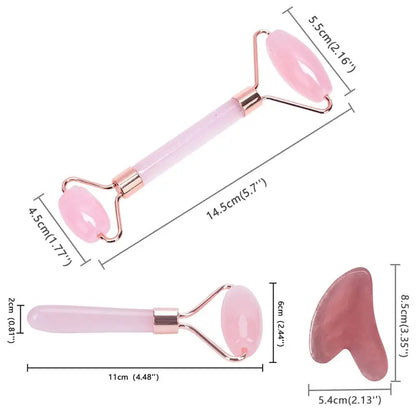 Pink Rose Quartz Massager Roller Gouache Scraper Set Crystal Stone Gua Sha Board Face Roller Skin Care Beauty Tool