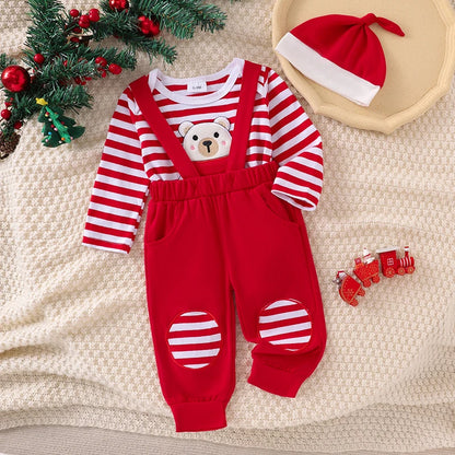 Baby Weihnachtskleidung Junge Mädchen Bärendruck Langarm Strampler Gestreifte Hosenträgerhose Mütze Neugeborenes Weihnachtskleidungsset