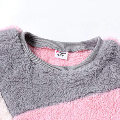 PatPat Kid Girl Sweet Colorblock Fleece Pullover Sweatshirt Soft and Comfortable  Perfect for Outings and Daily Wear