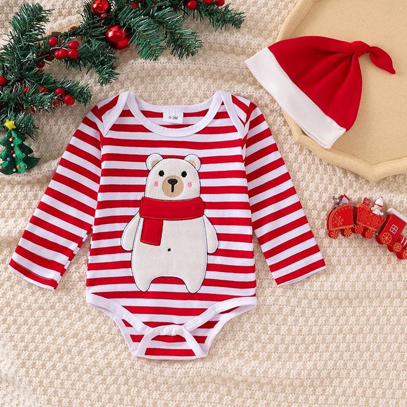 Baby Weihnachtskleidung Junge Mädchen Bärendruck Langarm Strampler Gestreifte Hosenträgerhose Mütze Neugeborenes Weihnachtskleidungsset