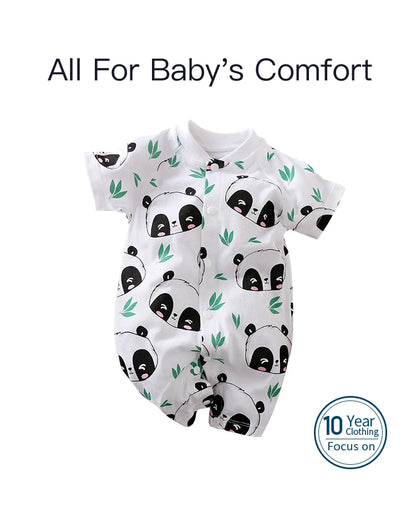 Neugeborenen-Kleidung, niedlicher Cartoon-Panda-Druck, Baumwolle, bequem und weich, Sommer, Jungen und Mädchen 0–18, kurzärmeliger Baby-Overall